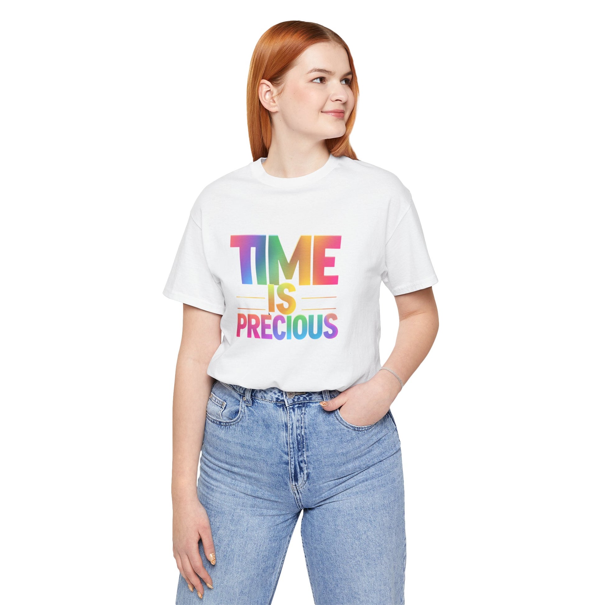 Rainbow Text 'Time is Precious' Unisex Tee, Motivational Shirt, Gift for Friends, Casual Wear, Colorful T-Shirt, Good Vibes Only