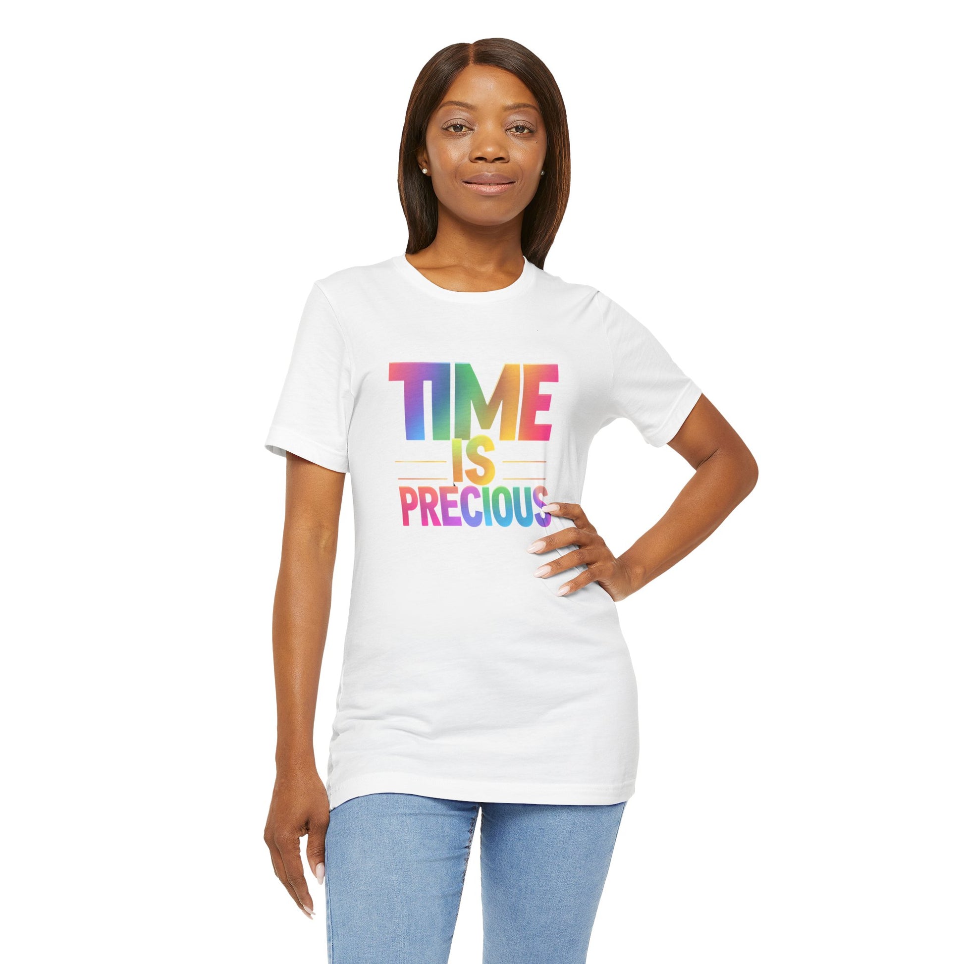 Rainbow Text 'Time is Precious' Unisex Tee, Motivational Shirt, Gift for Friends, Casual Wear, Colorful T-Shirt, Good Vibes Only