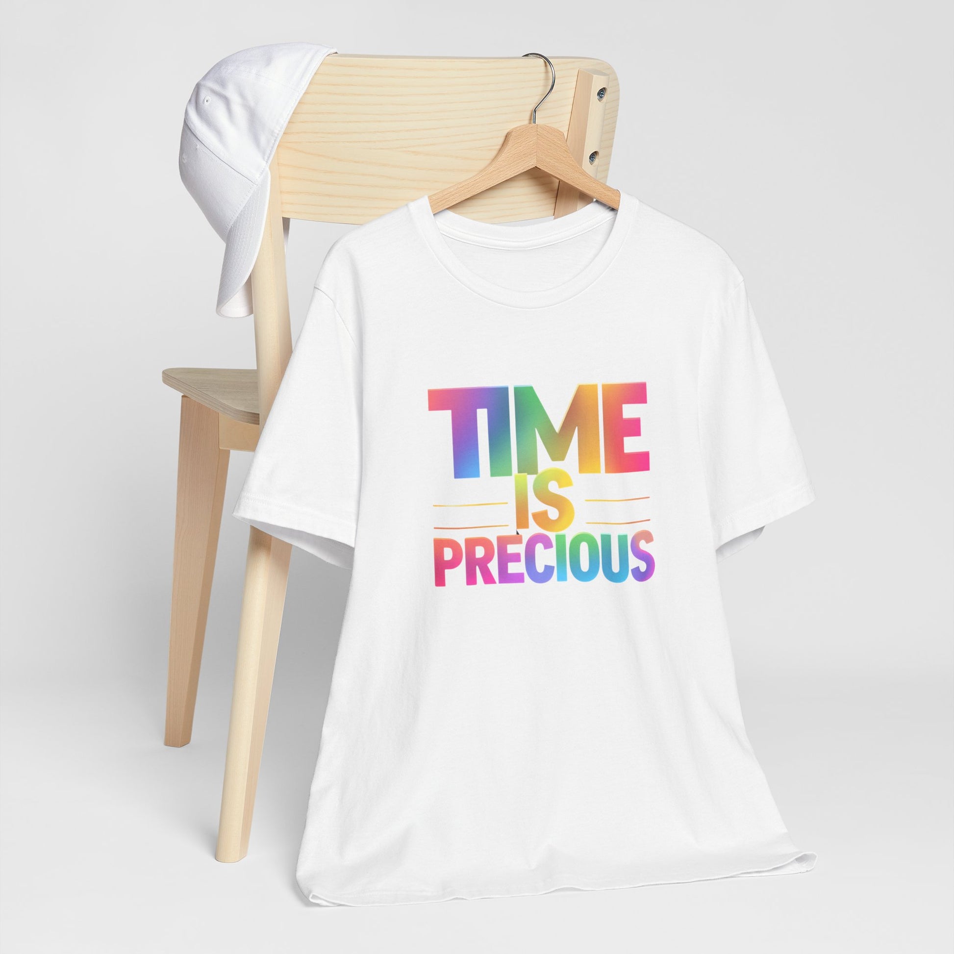 Rainbow Text 'Time is Precious' Unisex Tee, Motivational Shirt, Gift for Friends, Casual Wear, Colorful T-Shirt, Good Vibes Only
